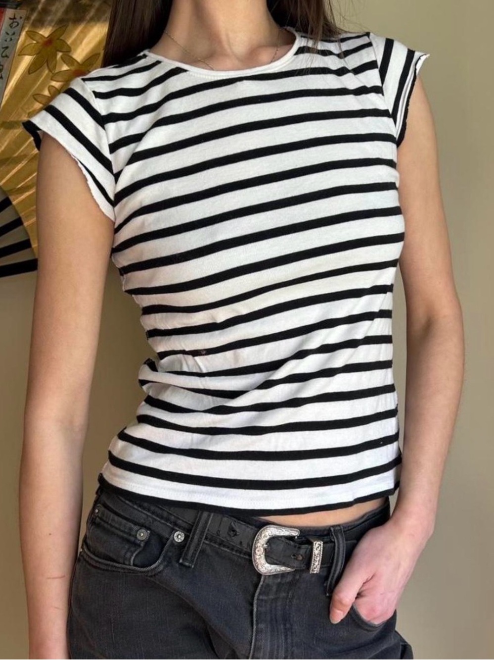 Zara Black & White Striped Cap Sleeve Tee